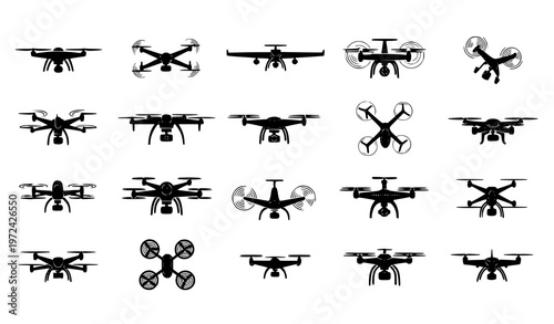 A collection of black drone silhouettes in various designs and flying positions