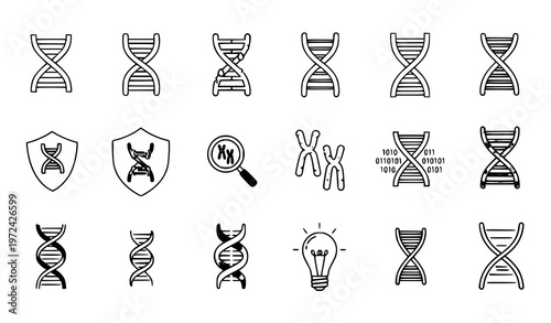 A set of black and white DNA double helix vector icons and illustrations