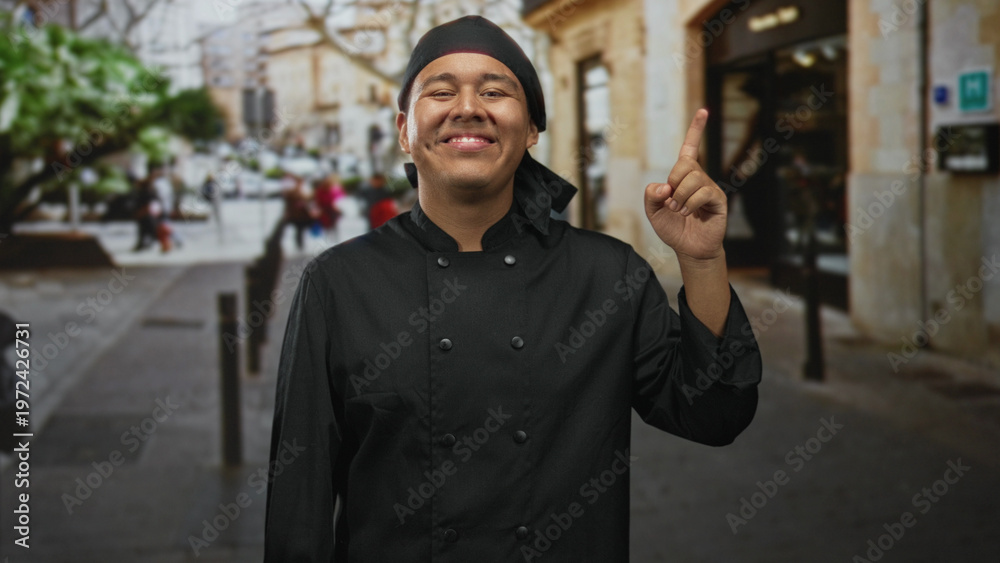 Obraz premium Man chef in black uniform points finger upward on a busy city street smiling with closed eyes and relaxed stance; pride hospitality.