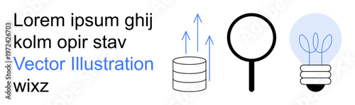 Data analytics, database management, problem-solving, innovation, technology assessment, search functionality. Symbols of magnifying glass, database and lightbulb. Data analytics and innovation