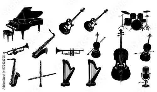 A collection of black silhouettes of various musical instruments on a white background
