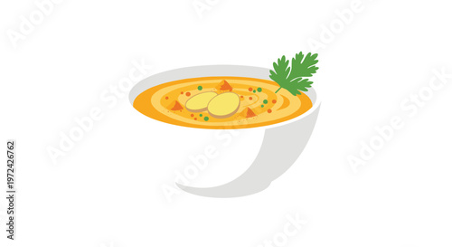 A delicious bowl of creamy orange carrot and ginger soup is elegantly presented with fresh green parsley and sliced ginger root on a plain white background.