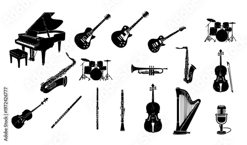 A collection of black silhouettes of various musical instruments on a white background