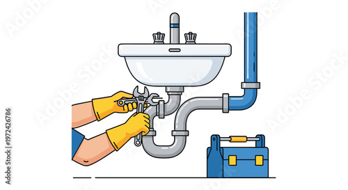 Meticulous hands protected by yellow rubber gloves use a metal wrench to repair a grey plastic drainage pipe system underneath a sink in a white environment.