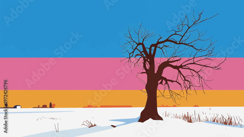 Winter landscape shows a bare tree against colorful sky at sunset with snow covering the ground and distant hills in view