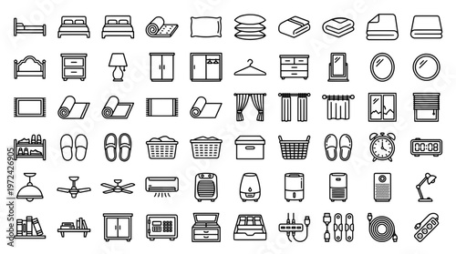 Collection of minimalist iconography illustrating various home interior elements