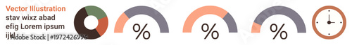 Data analysis, progress tracking, business reporting, time management, productivity, digital dashboards. Circular gauges, percentage indicators clock symbol. Data analysis and progress tracking