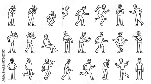 Set of human figures in various poses and actions vector illustration outline