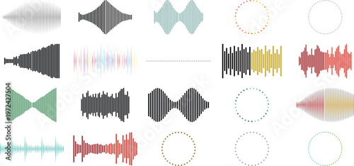 Audio wave collection with 20 sound visualizer elements in vector format, digital music frequency bars and circular waveform icons for podcast production. Minimalist soundwave set featuring