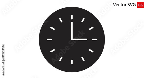Minimalist Black Clock Face Icon, Time Concept, Isolated on White