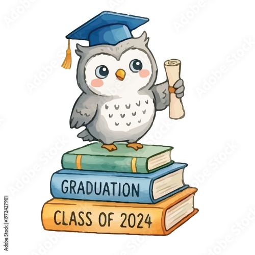 Wise cartoon owl teacher with books wearing a graduation cap representing education and learning
