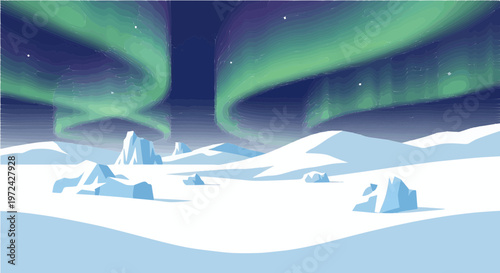 Aurora borealis lighting up night sky over snowy landscape with icebergs and mountains illustration