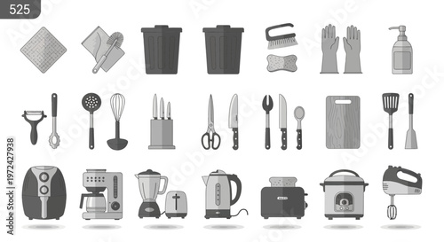 Collection of kitchen and cleaning supplies in grayscale vector illustration