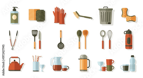 Collection of kitchen and cleaning supplies in flat vector style