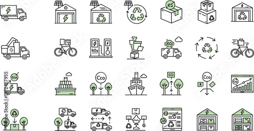 Green energy and sustainable industry line icons set with recycling, electric transport, solar panels, eco factory and carbon reduction outline vector collection