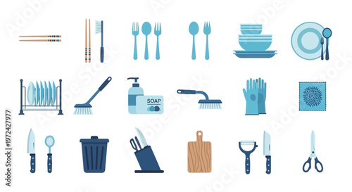 Collection of kitchen and dining utensils isolated on white background