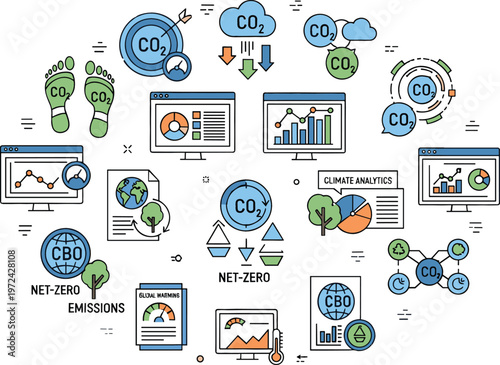 Carbon footprint and emissions analytics icons set featuring CO2 tracking, net zero strategy, climate data analysis, sustainability reporting and environmental monitoring vector illustration