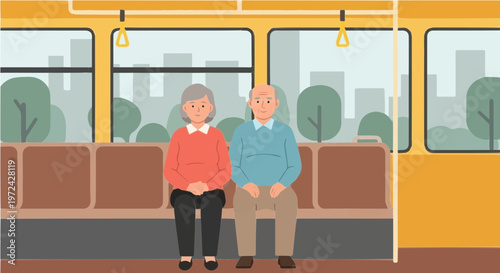 Elderly couple sitting together on city bus seats looking forward illustration