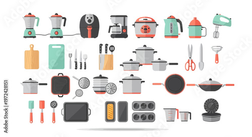 Collection of kitchen appliances and utensils in flat vector design