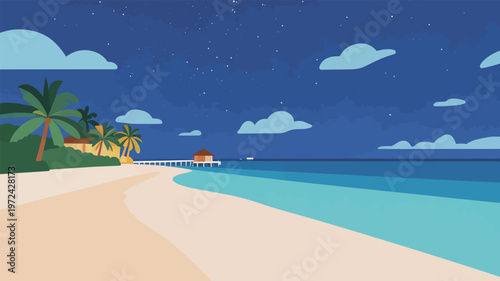 Beach at night with stars and palm trees near the ocean and a pier under a clear sky