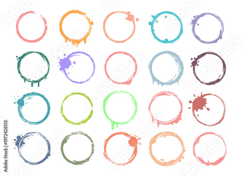 Fotografia Colorful coffee stain rings with splashes and drips