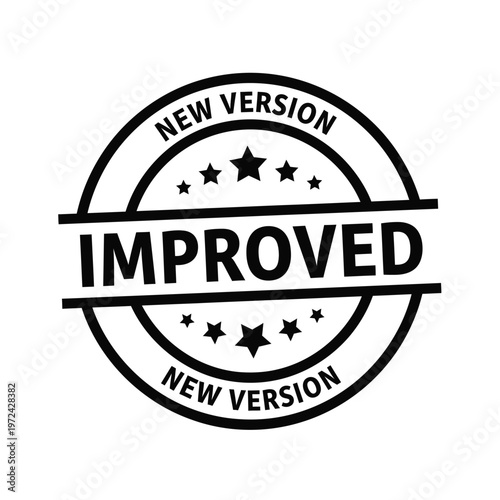 A bold circular black and white badge proclaims improved with stars and new version text high quality professional detailed