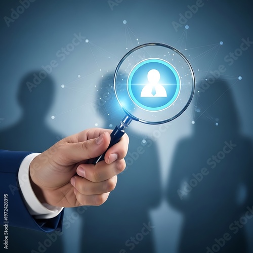 Hand with magnifying glass highlighting a person icon on blue background.