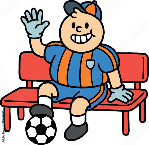 Soccer player sitting on bench with ball, waving hand