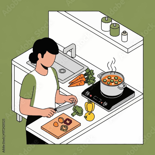 Woman cooking healthy meal in kitchen.