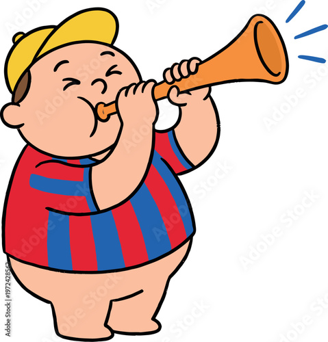 Cartoon boy blowing an orange vuvuzela horn