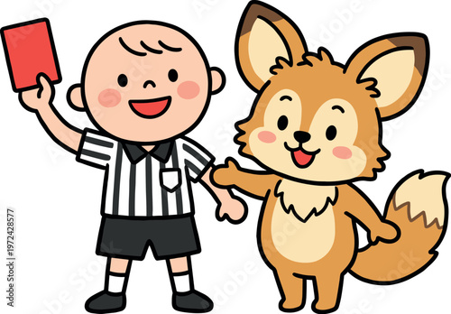Cute referee with fox holding red card, illustration style