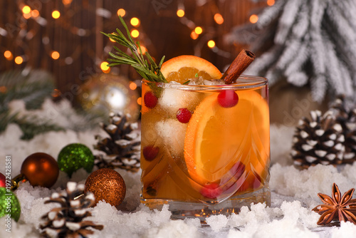 Spicy rosemary syrup mixed with warming bourbon,  orange. The Bourbon Old Fashioned is a cocktail filled with festive Christmas flavors