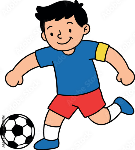 Happy boy playing soccer with a ball and wearing an armband