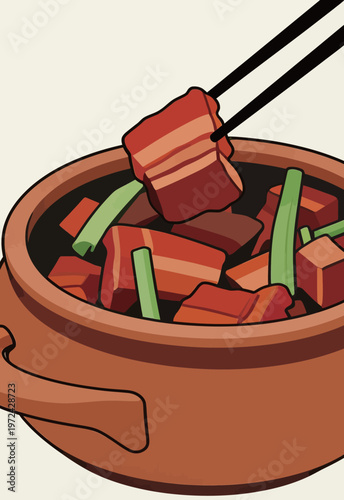 Cooked meat with green vegetables in a bowl held by chopsticks in an indoor setting during the day