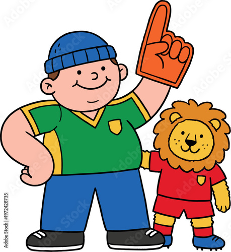 Joyful man and lion mascot with foam finger at game