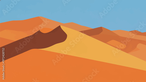 Desert landscape with sandy hills and blue sky during daytime showing warm colors and natural formations