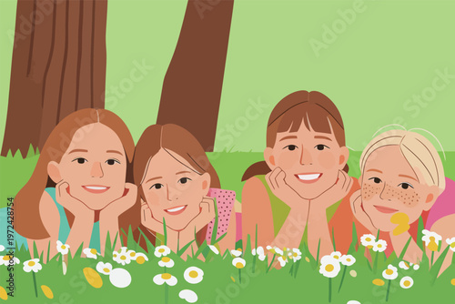 Friends enjoying time together in a park on a sunny day surrounded by flowers and trees