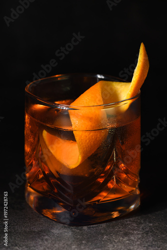 Classic Negroni Cocktail. Served with ice and orange zest