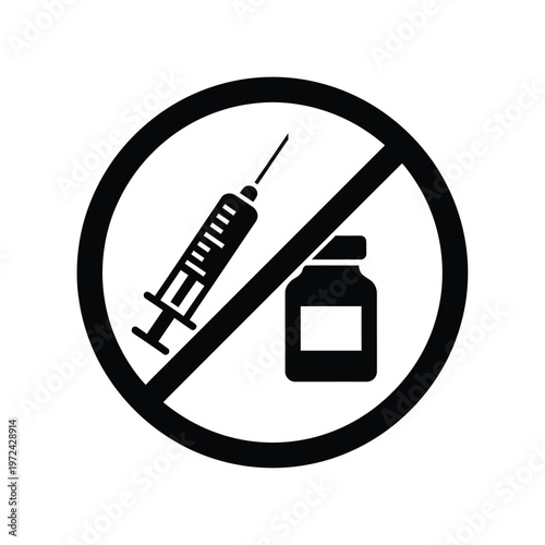 A stark black and white symbol depicts a syringe and vial with a prohibition sign over them high quality