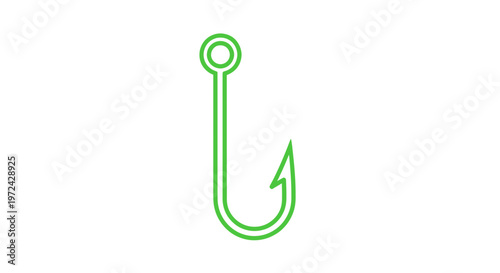 Green Fishing Hook Icon, Simple Outline Graphic, Isolated on White Background