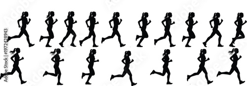 Running woman silhouette set, female jogger motion sequence, fitness training athlete exercise running poses isolated vector illustration collection