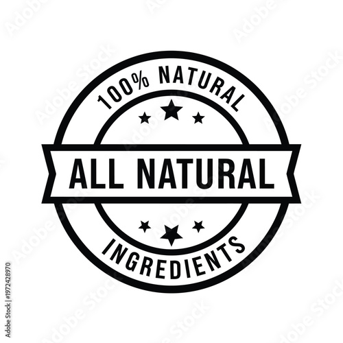 A circular black and white badge proclaims 100 natural and all natural ingredients with star accents