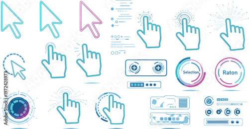 Cursor pointer and touchscreen gesture icons set with click, selection, tap and user interface elements, modern neon gradient outline vector collection
