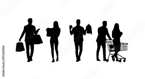 Silhouettes of shoppers with shopping bags and cart