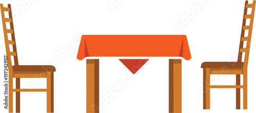 dining table setup, wooden chairs furniture, home interior scene, minimalist dining arrangement, tablecloth decor, kitchen furniture illustration, modern home design