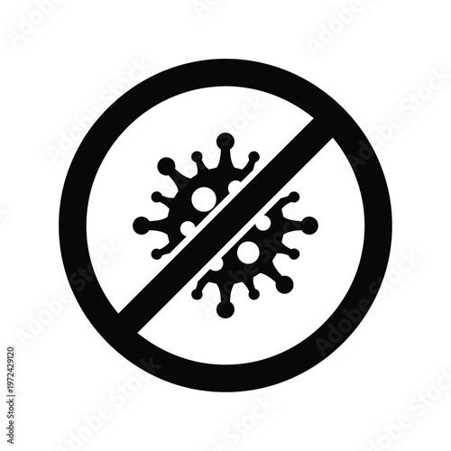 A stark black and white circular warning sign depicts a virus symbol with a bold diagonal slash high quality