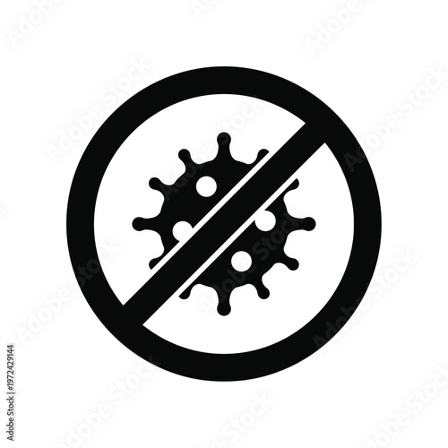 A stark black and white symbol depicts a prohibited virus featuring a circular design with a diagonal bar