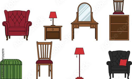 Furniture collection set, armchair table lamp chair cabinet vanity mirror home interior illustration modern vintage isolated design elements