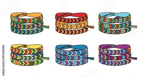 Six sets of three stacked hand-woven friendship bracelets with classic chevron patterns are organized in a clean grid layout against a plain white backdrop.
