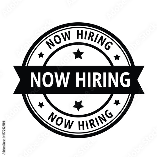 A circular black and white graphic announces job opportunities with the text now hiring prominently displayed high quality professional